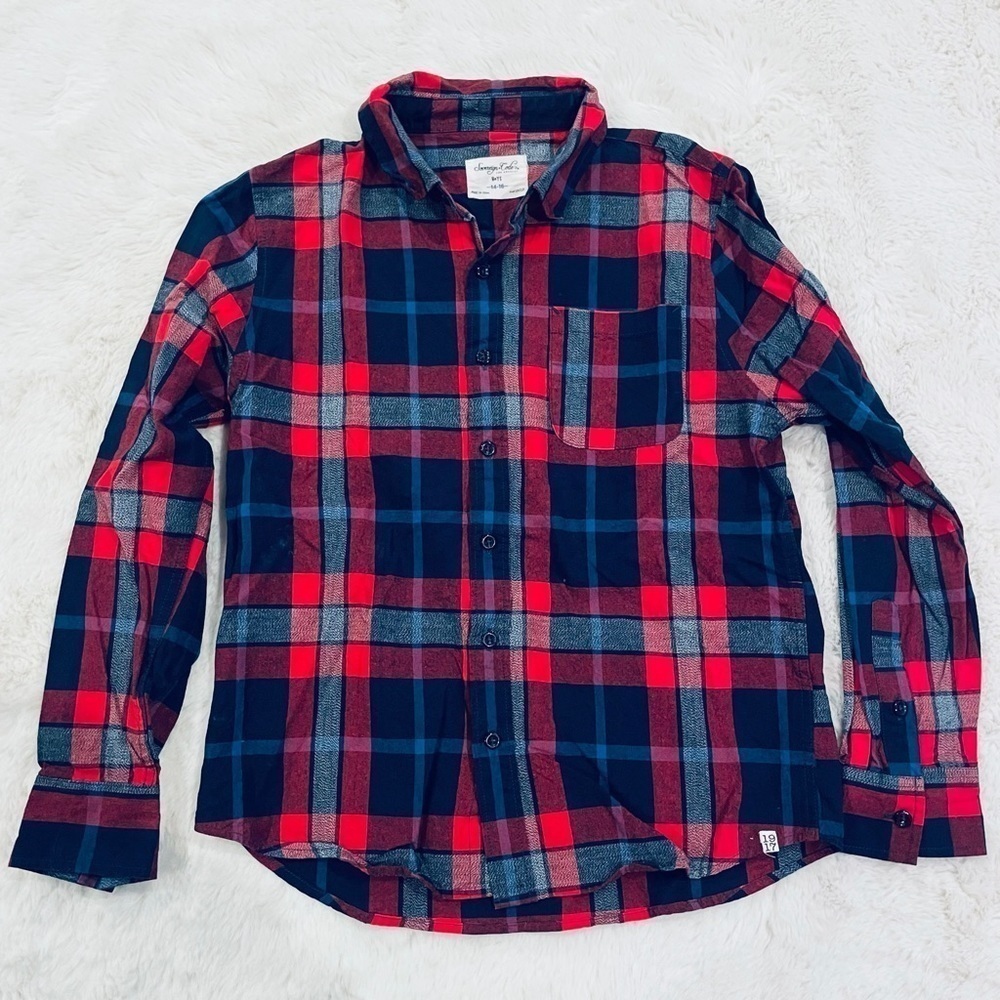 Sovereign Code Boy’s Navy Blue Red Plaid Long Sleeve Button Up Shirt Size 14-16
